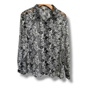 Notations Women's black white floral semi-sheer button-down Blouse- large